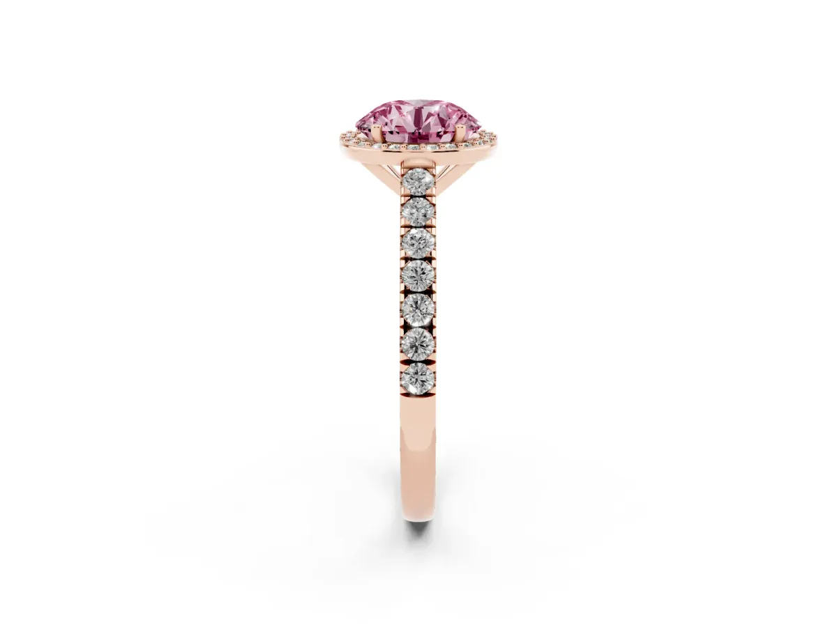 Fancy Pink Round Cut Cut Halo Diamond Engagement Ring with Pave Band and Four-Prong Setting Rose gold