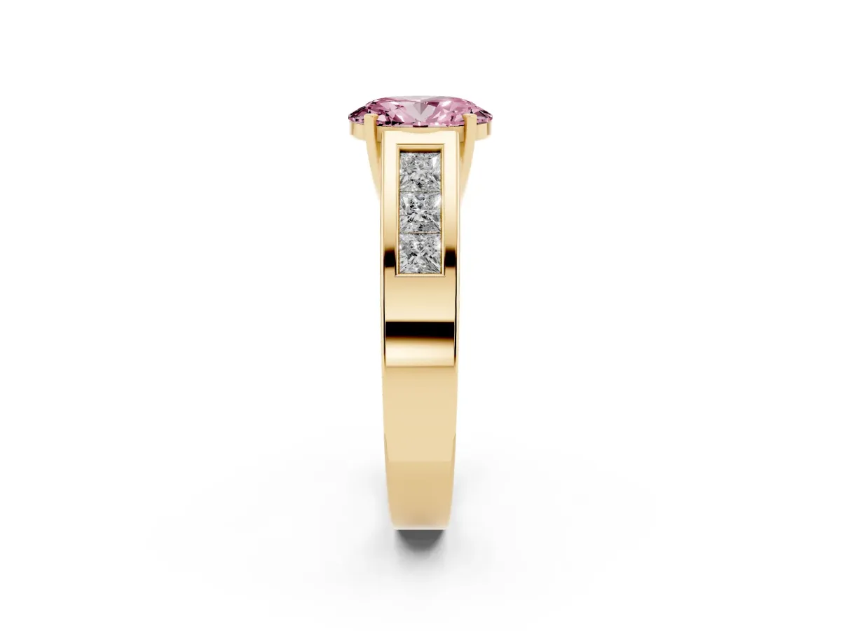Fancy Pink Oval Cut Cut Channel Set Solitaire Ring with Four-Prong Setting Yellow gold