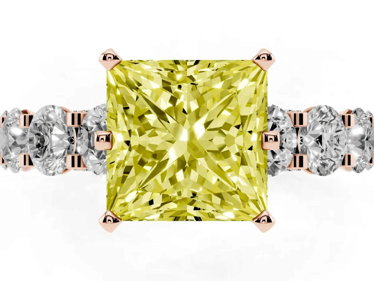 Fancy Yellow Princess Cut Diamond Side Stone Engagement Ring with Four-Prong Setting Rose gold