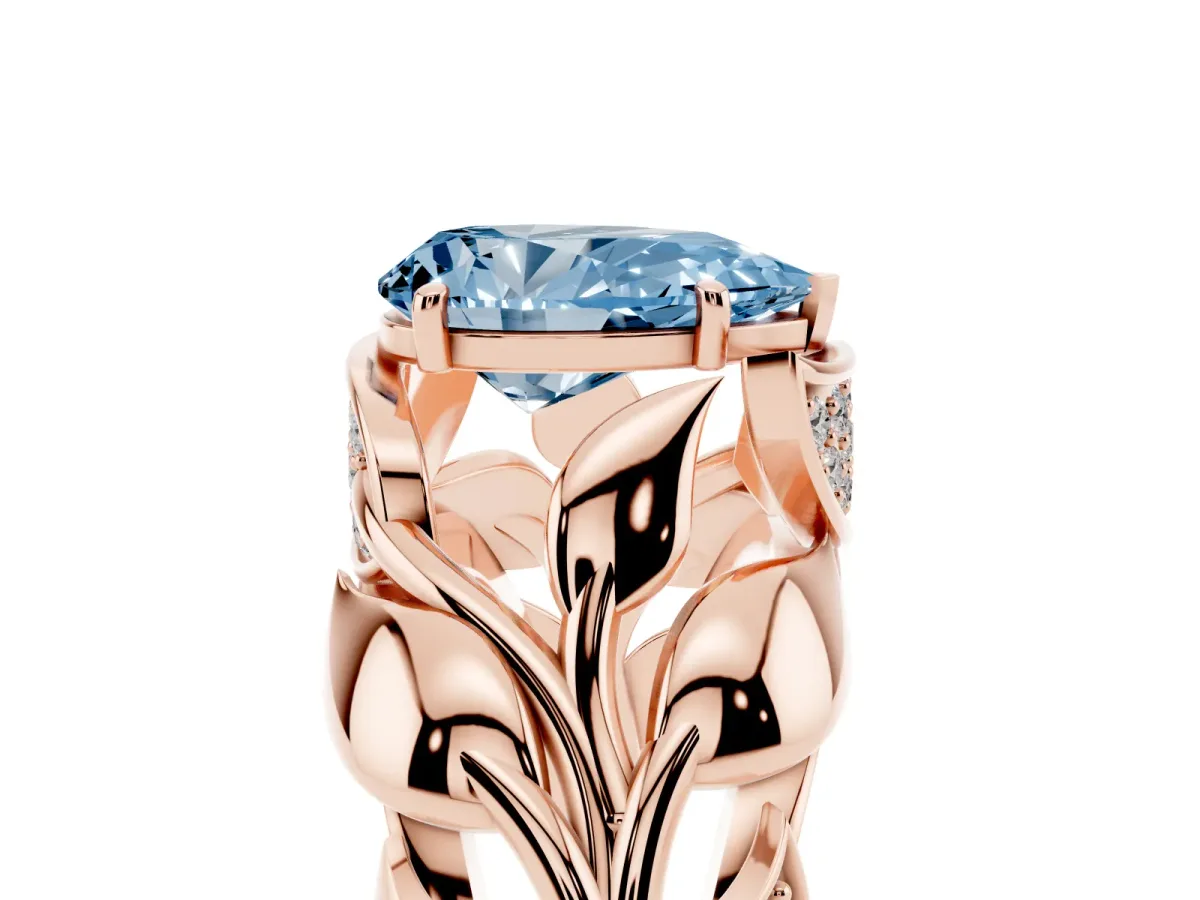 Fancy Blue Pear Cut Diamond Leaf-Inspired Engagement Ring with Round Accents and Prong Setting Rose gold