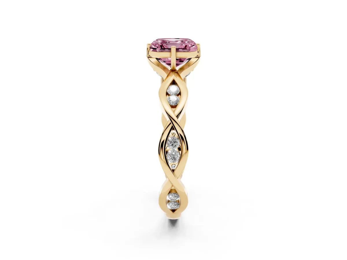 Fancy Pink Asscher Cut Solitaire Twist Band with Leaf Prong Setting Yellow gold