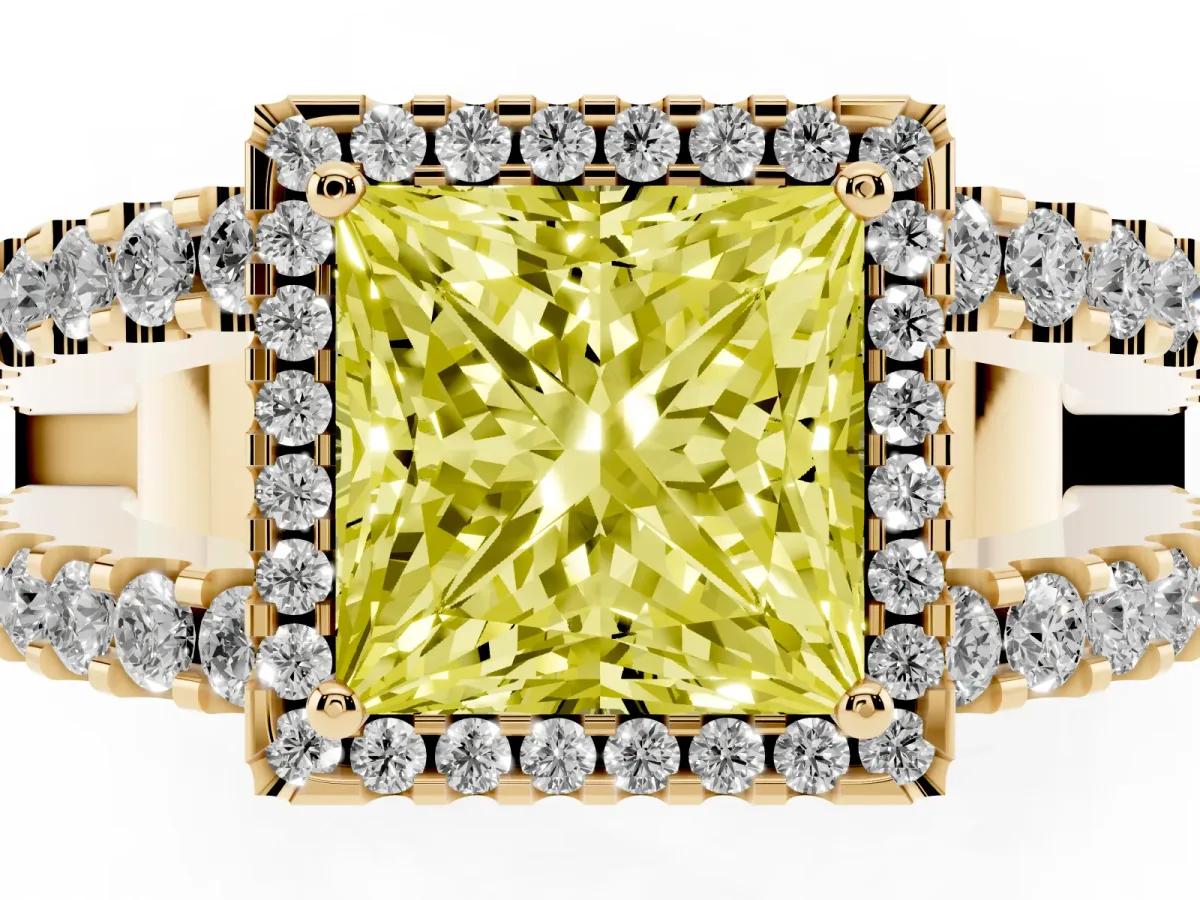 Fancy Yellow Princess Cut Cut Halo Split Shank Diamond Ring with Four-Prong Setting Yellow gold