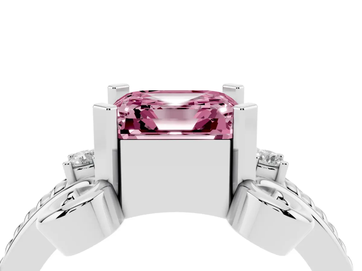 Fancy Pink Asscher Cut Solitaire Twisted Band Scroll Prong Ring White gold