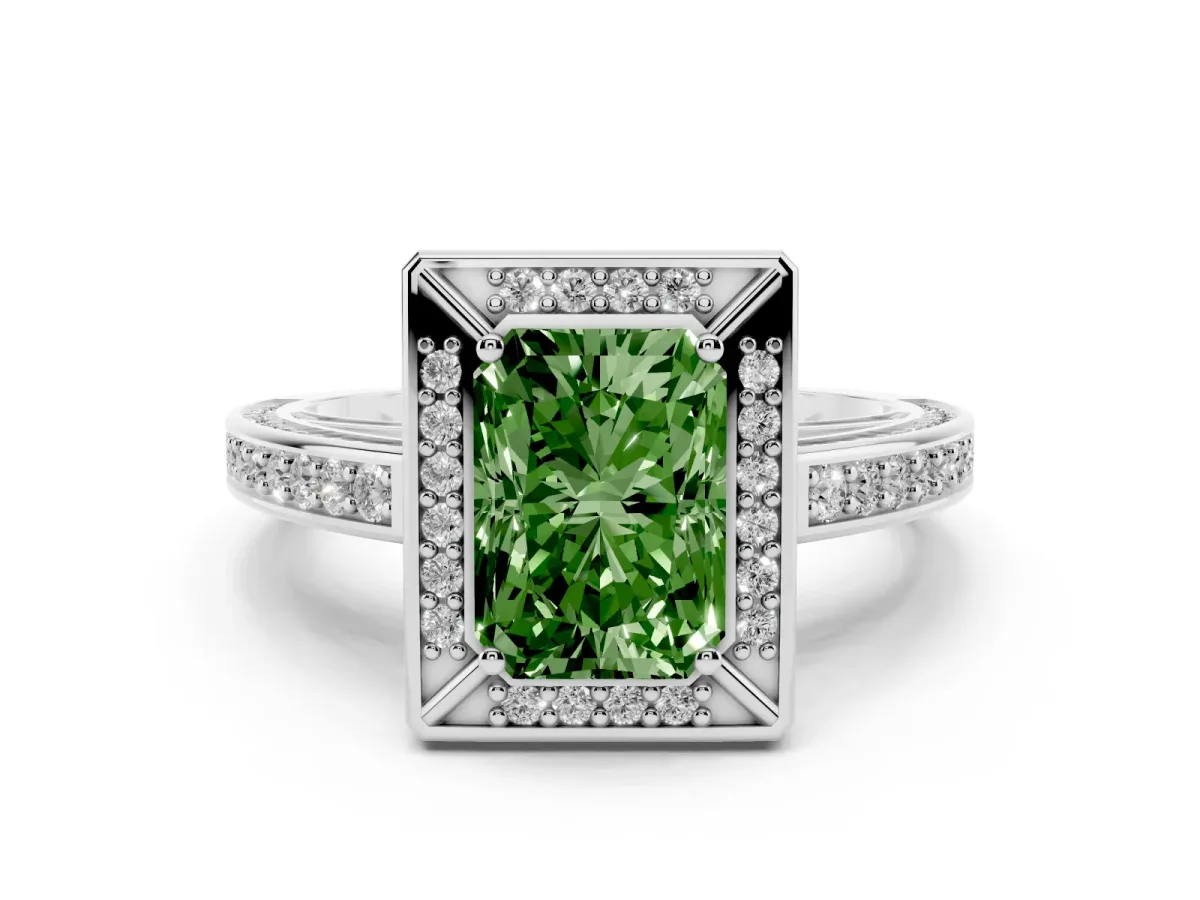 Fancy Green Radiant Cut Cut Halo Pave Split Shank Prong Setting Ring Silver