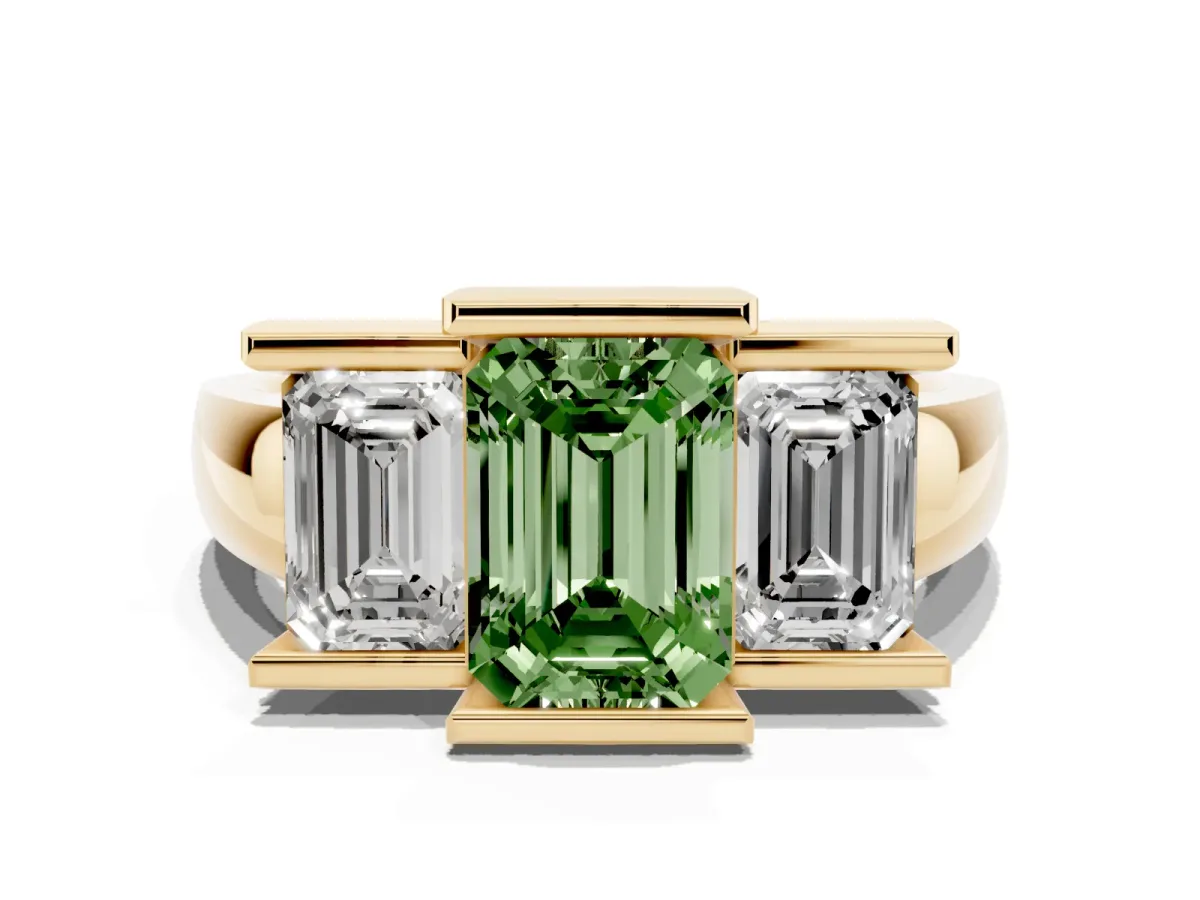 Fancy Green Three Stone Emerald Cut Cut Channel Set Diamond Ring Yellow gold