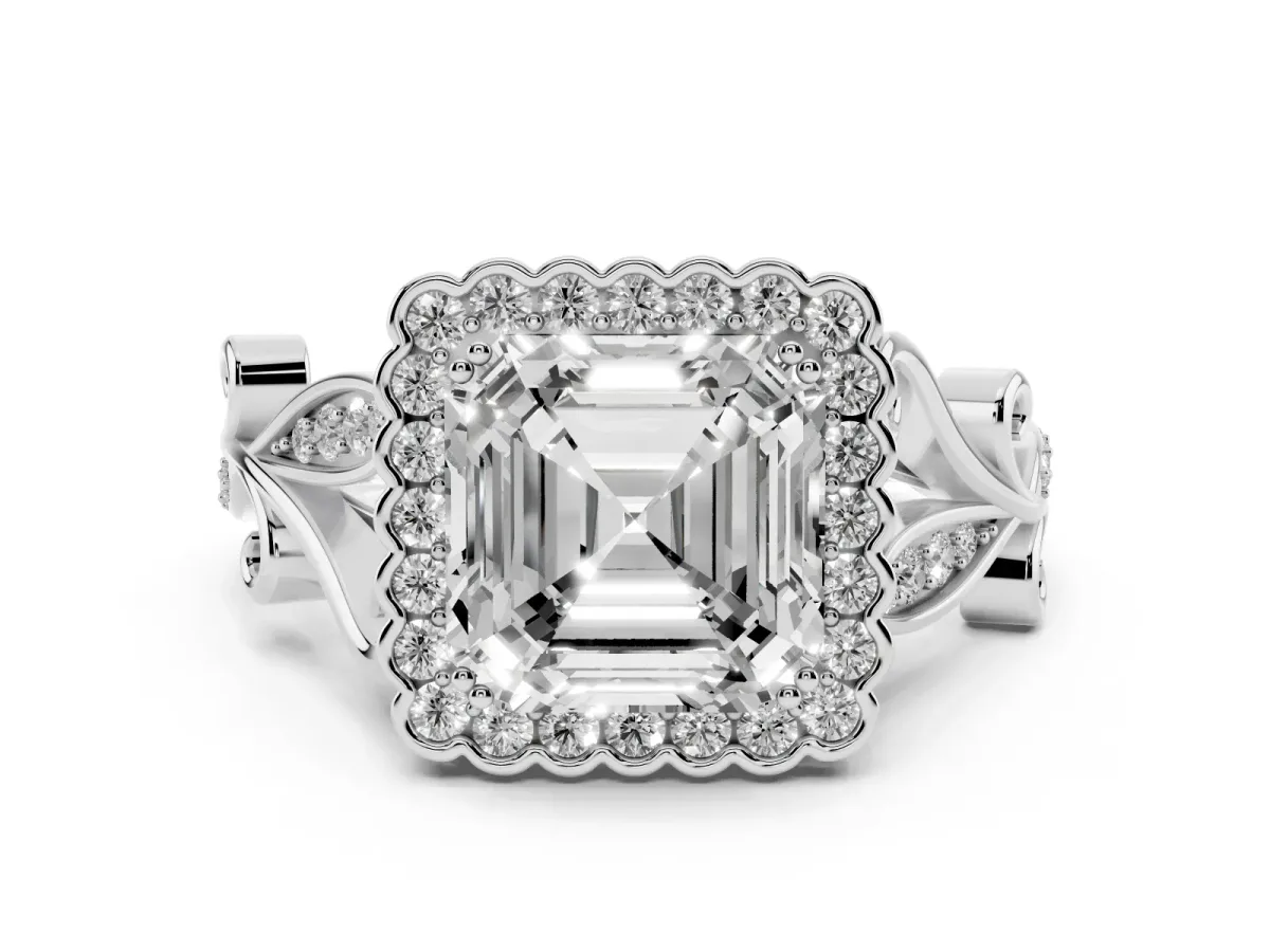 Asscher Cut Diamond Halo Ring with Vintage Split Shank and Four-Prong Setting Silver