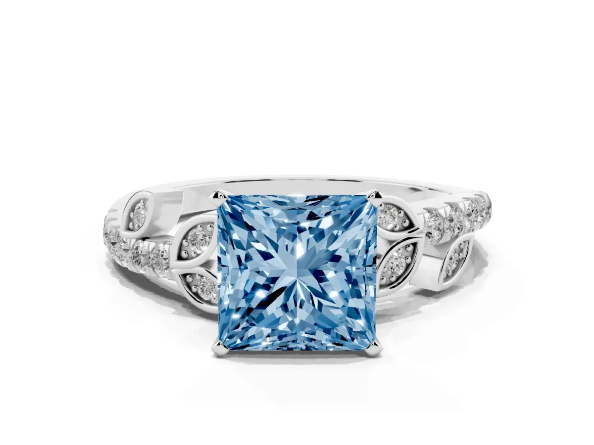 Fancy Blue Princess Cut Solitaire Leaf-Inspired Diamond Ring with Pavé Band and Four-Prong Setting Silver