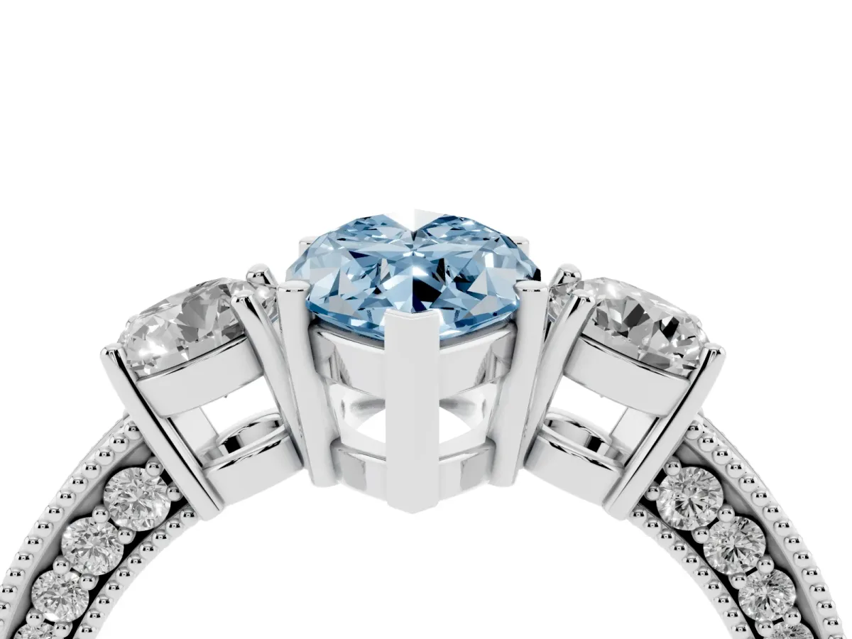 Fancy Blue Marquise Cut Three-Stone Diamond Ring with Pavé Band and Four-Prong Setting Silver