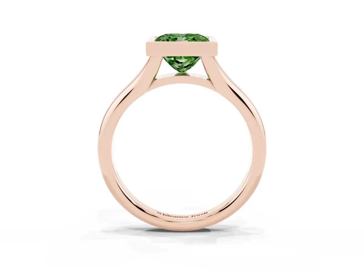 Fancy Green Bezel Set Princess Cut Solitaire Diamond Ring with Smooth Band Rose gold