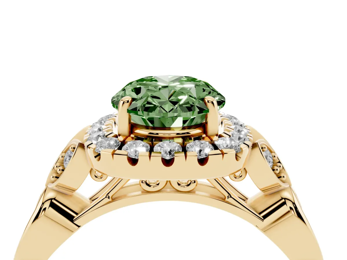 Fancy Green Oval Cut Halo Diamond Engagement Ring with Vintage-Inspired Band and Four-Prong Setting Yellow gold