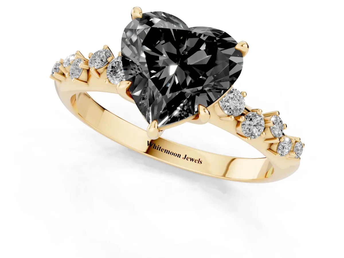 Fancy Black Heart Cut Diamond Cluster Side Stone Solitaire Ring with Prong Setting Yellow gold