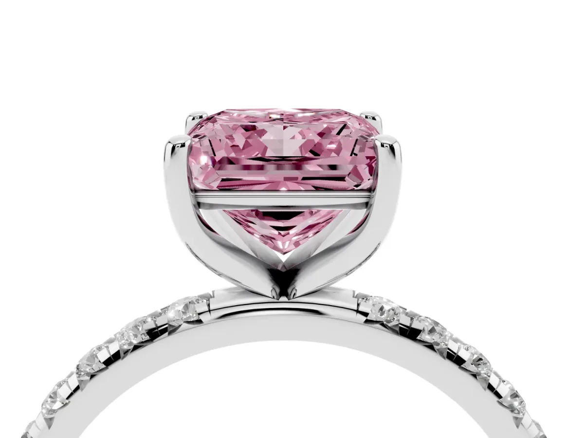 Fancy Pink Princess Cut Cut Diamond Solitaire Ring with Micro Pave Band and Four Prong Setting Silver