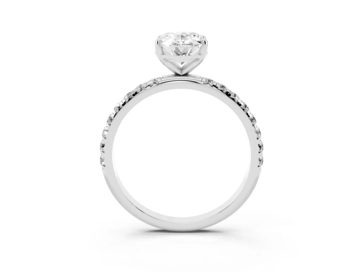 Oval Cut Cut Diamond Solitaire Ring with Micro Pave Band and Four Prong Setting White gold