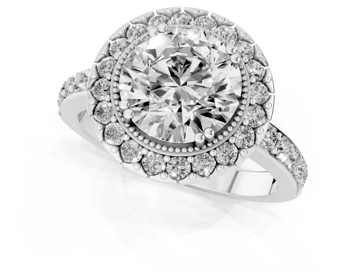 Round Cut Diamond Halo Ring with Pavé Band and Prong Setting Silver