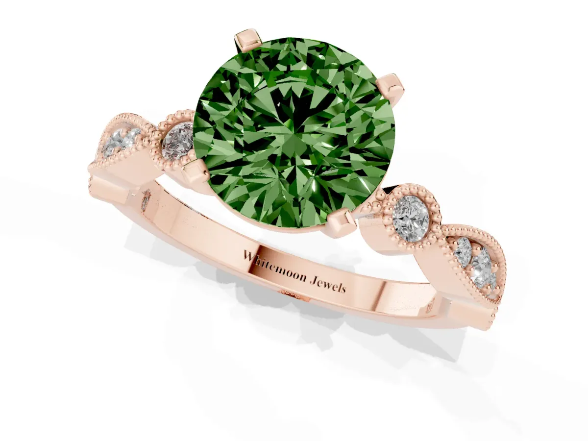 Fancy Green Round Cut Milgrain Bezel Diamond Engagement Ring with Solitaire Prong Setting Rose gold