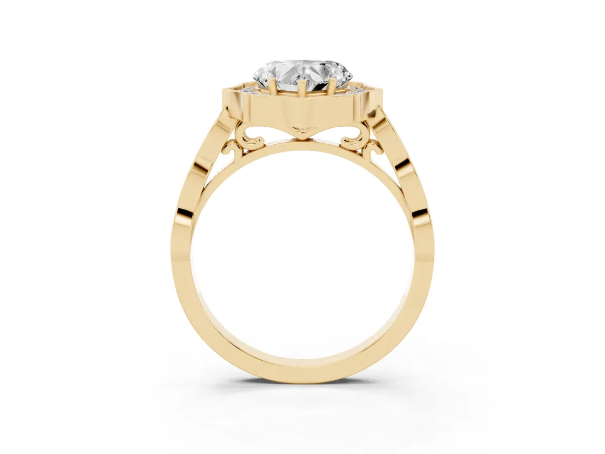 Heart Cut Halo Diamond Engagement Ring with Milgrain Band and Four-Prong Setting Yellow gold