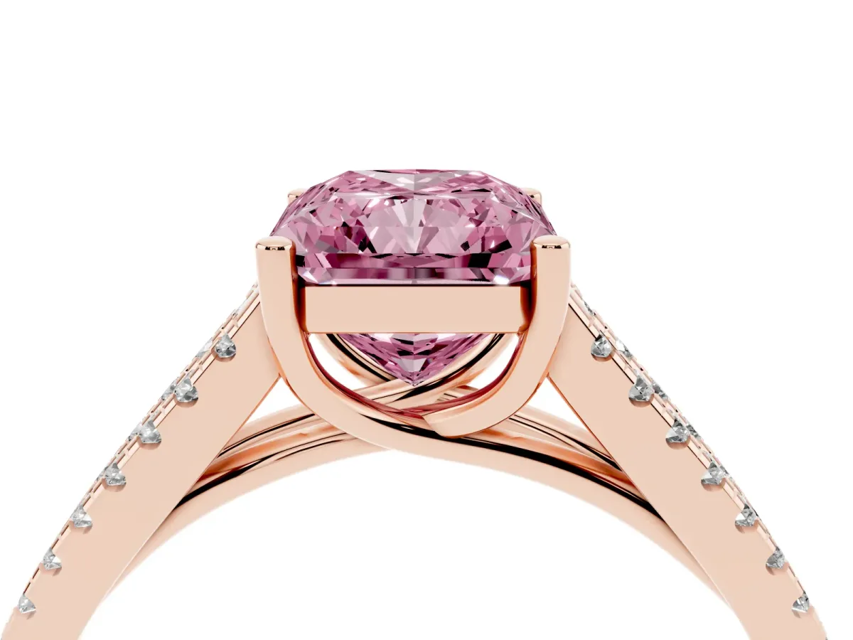 Fancy Pink Radiant Cut Diamond Solitaire Engagement Ring with Split Shank Pavé Band Rose gold