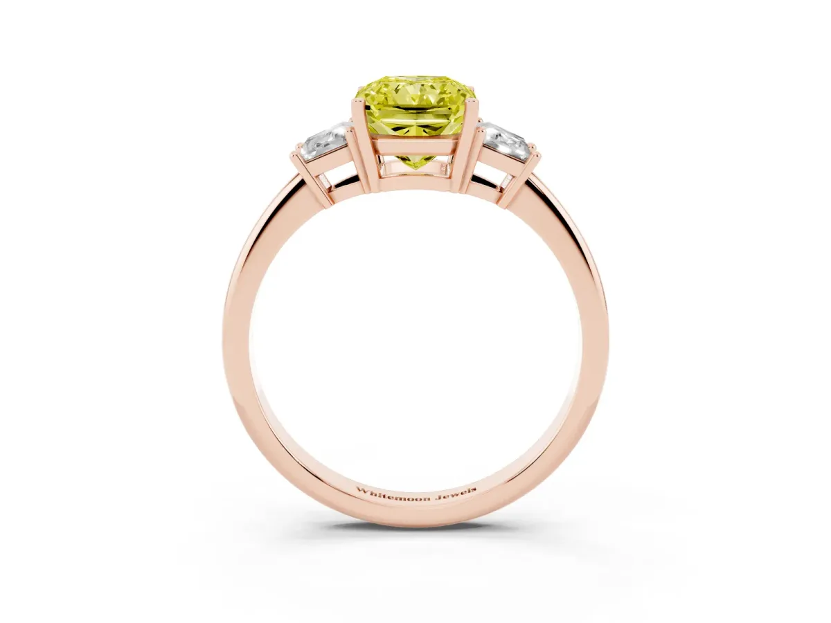 Fancy Yellow Radiant Cut Diamond Three-Stone Ring with Trapezoid Side Stones and Prong Setting Rose gold