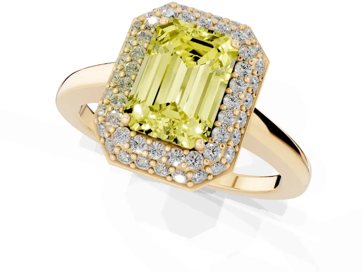 Fancy Yellow Emerald Cut Halo Diamond Engagement Ring with Solitaire Band and Four-Prong Setting Yellow gold