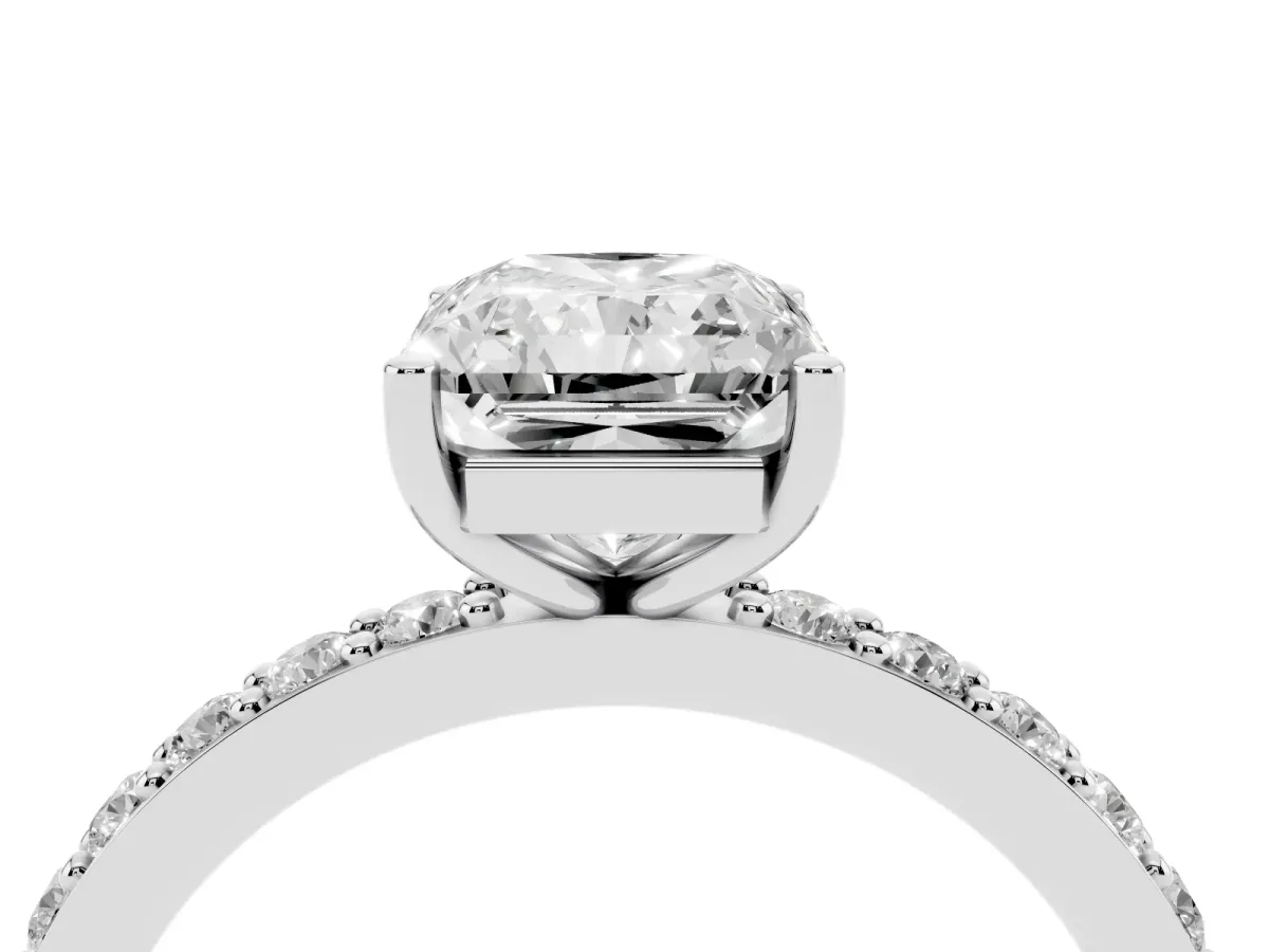 Radiant Cut Cut Diamond Solitaire with Pave Band and Four-Prong Setting Silver