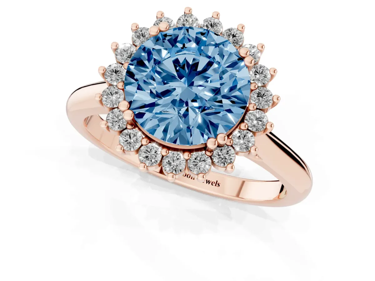 Fancy Blue Round Cut Cut Diamond Halo Ring with Solitaire Band and Prong Setting Rose gold