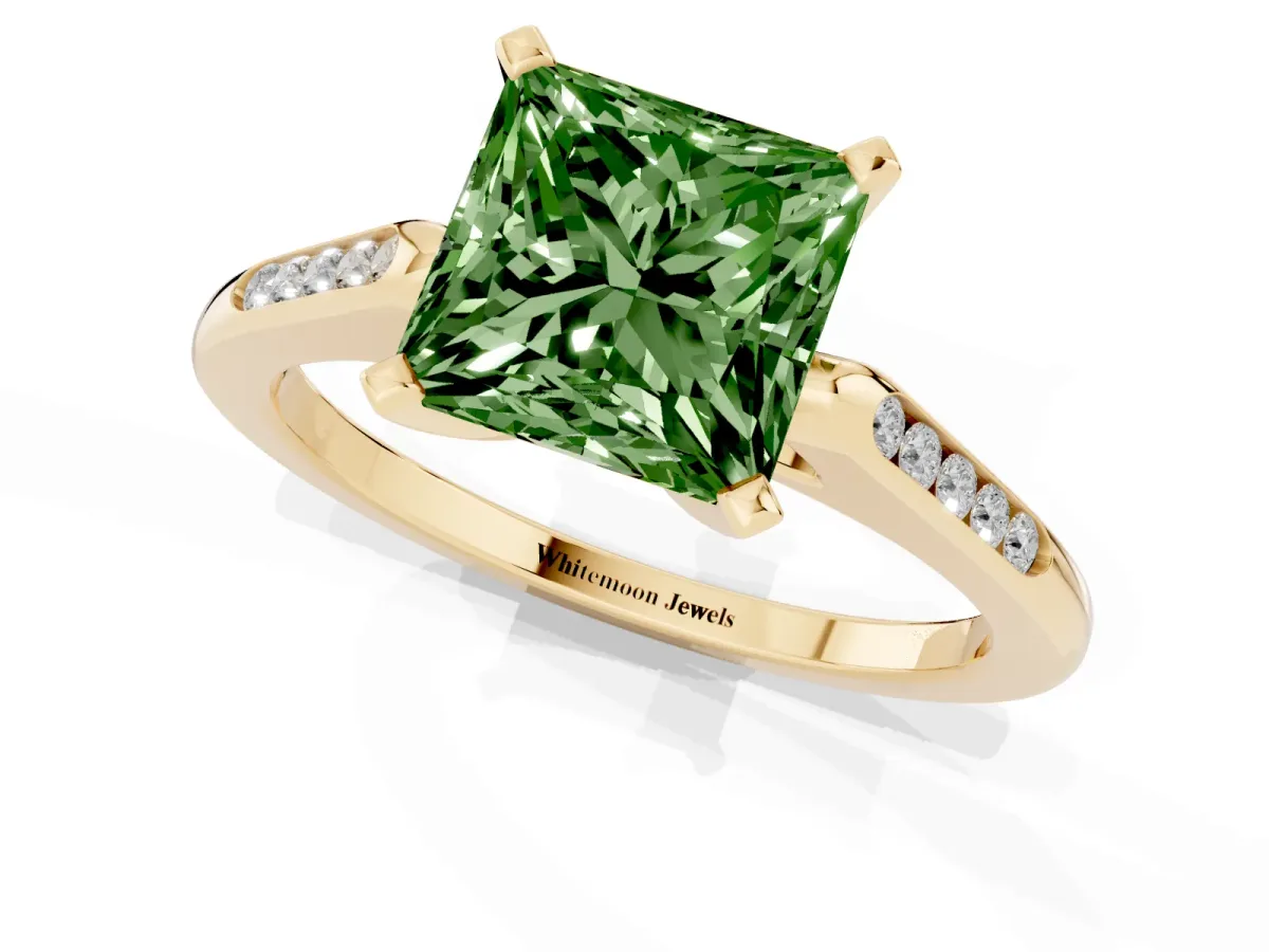 Fancy Green Princess Cut Diamond Solitaire Ring with Channel Set Round Band and Prong Setting Yellow gold