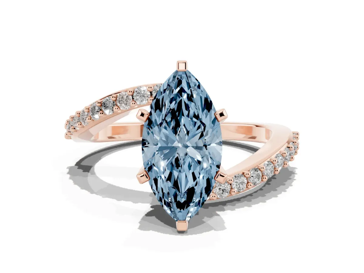 Fancy Blue Marquise Cut Solitaire Twist Band with Pave Set Diamonds and Four-Prong Setting Rose gold