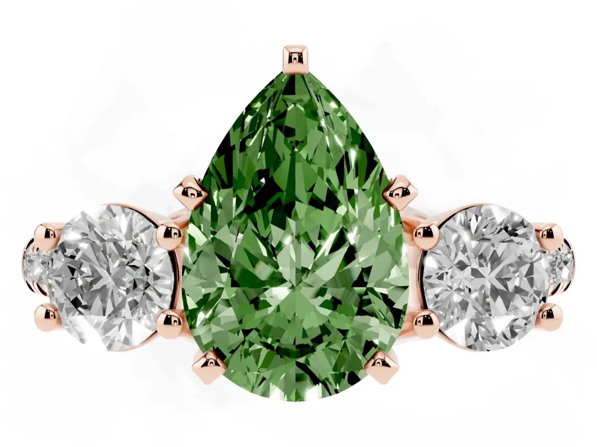 Fancy Green Three-Stone Pear Cut Diamond Pavé Band with Four-Prong Setting Rose gold