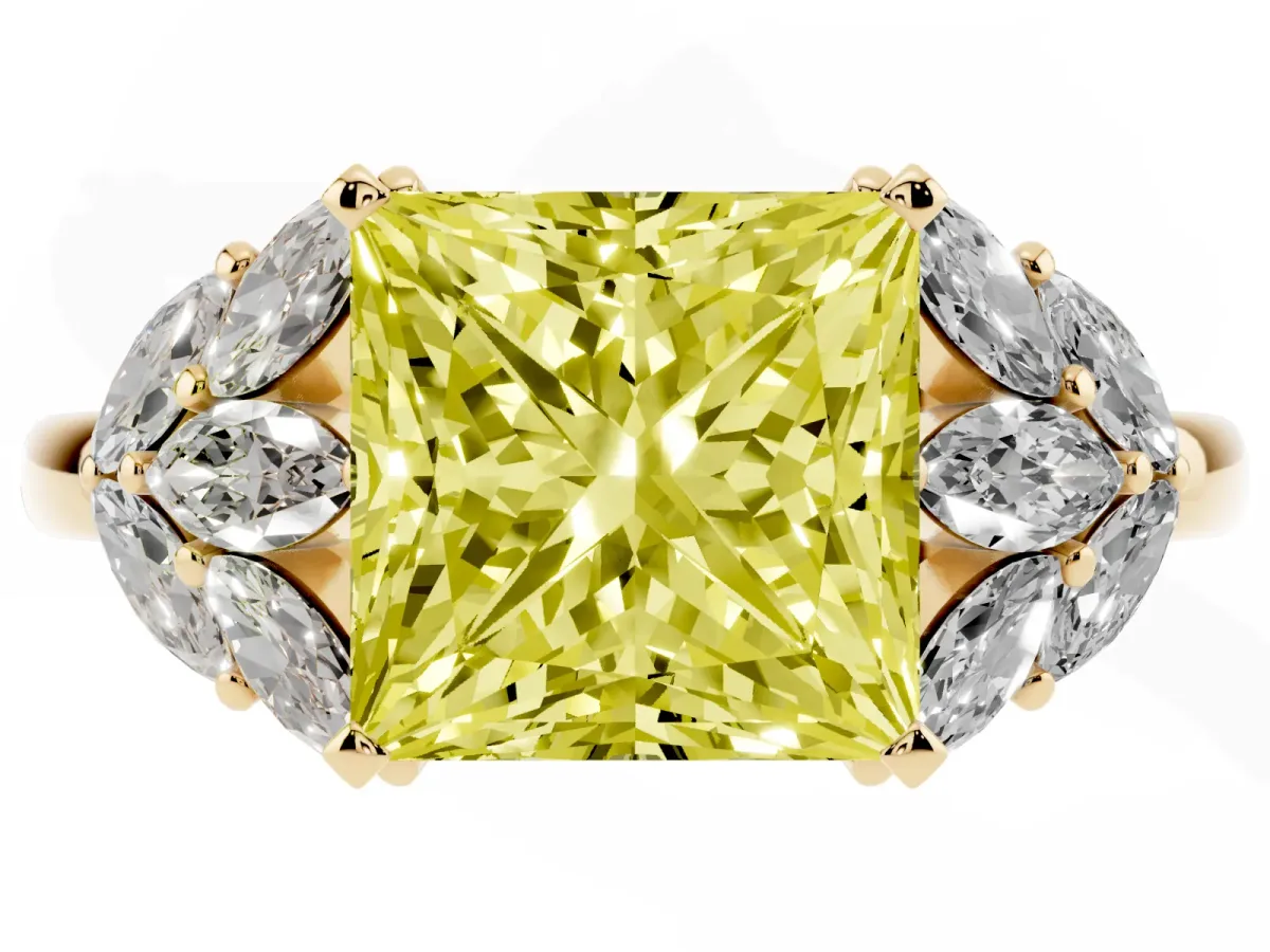 Fancy Yellow Princess Cut Diamond Cluster Leaf Design Ring with Prong Setting Yellow gold