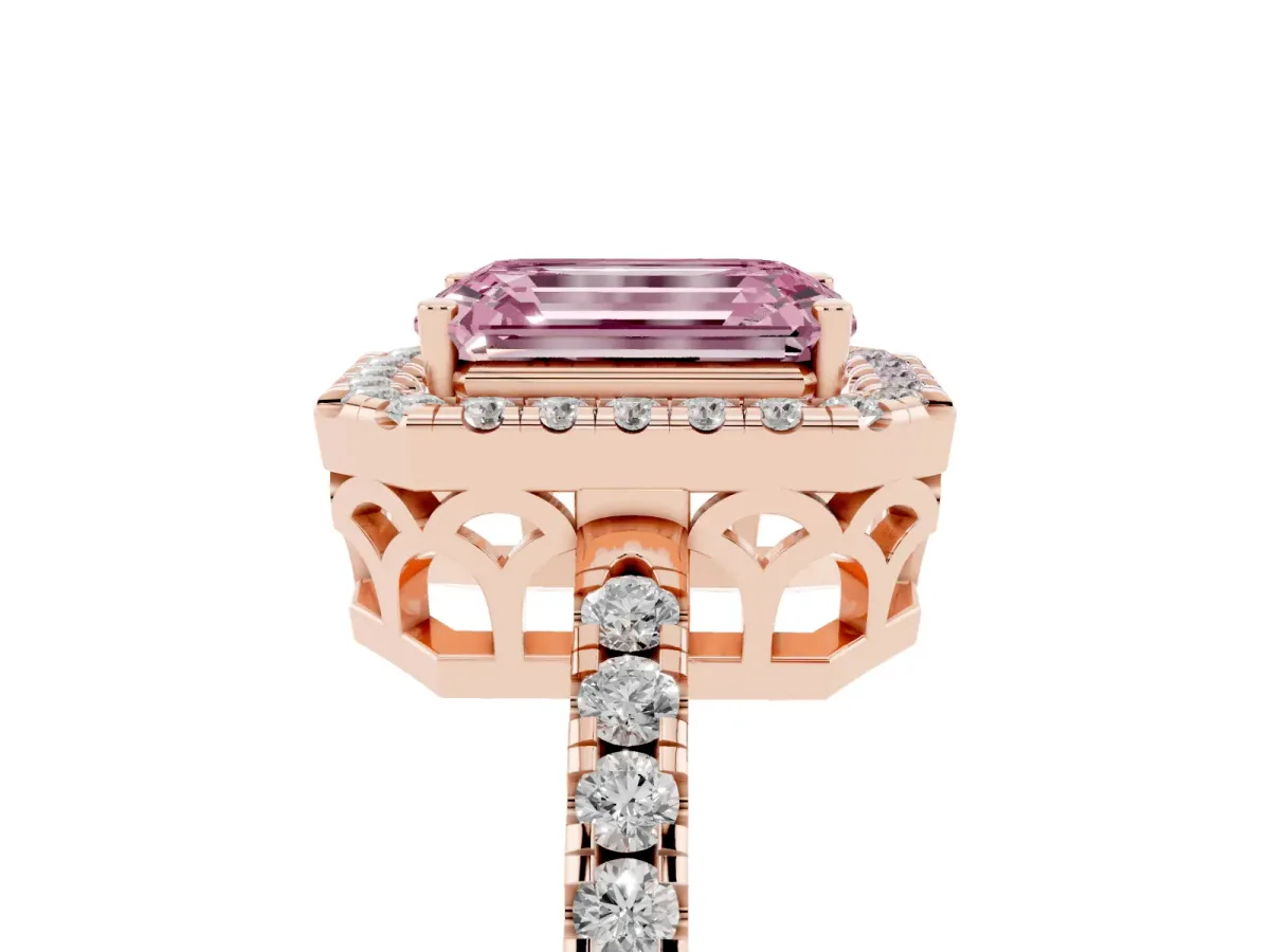 Fancy Pink Emerald Cut Halo Diamond Engagement Ring with Pavé Band and Four-Prong Setting Rose gold