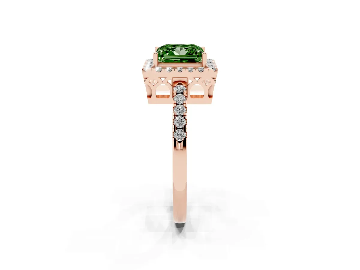 Fancy Green Princess Cut Halo Diamond Engagement Ring with Pavé Band and Four-Prong Setting Rose gold