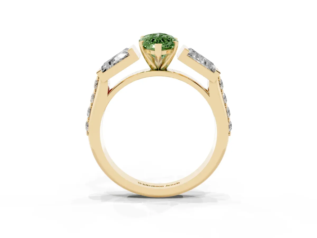 Fancy Green Marquise Cut Diamond Engagement Ring with Baguette Side Stones and Channel Set Band Yellow gold