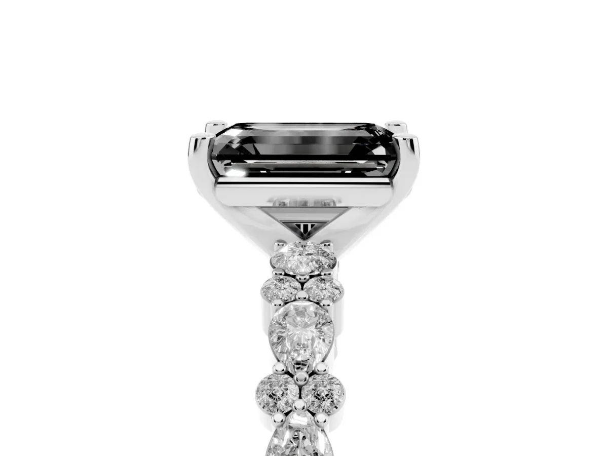 Fancy Black Emerald Cut Diamond Side Stone Solitaire Ring with Round and Four-Prong Setting Silver