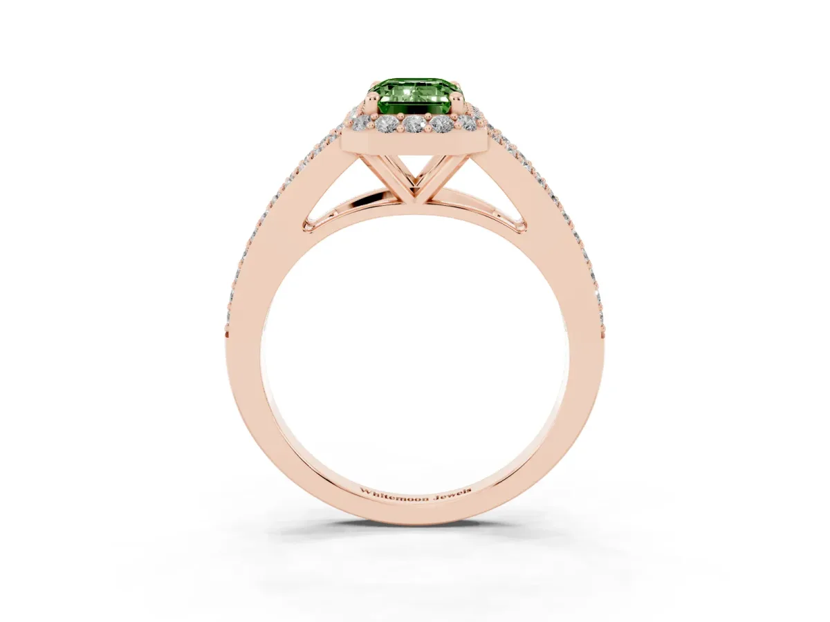 Fancy Green Emerald Cut Halo Split Shank Diamond Ring with Prong Setting Rose gold