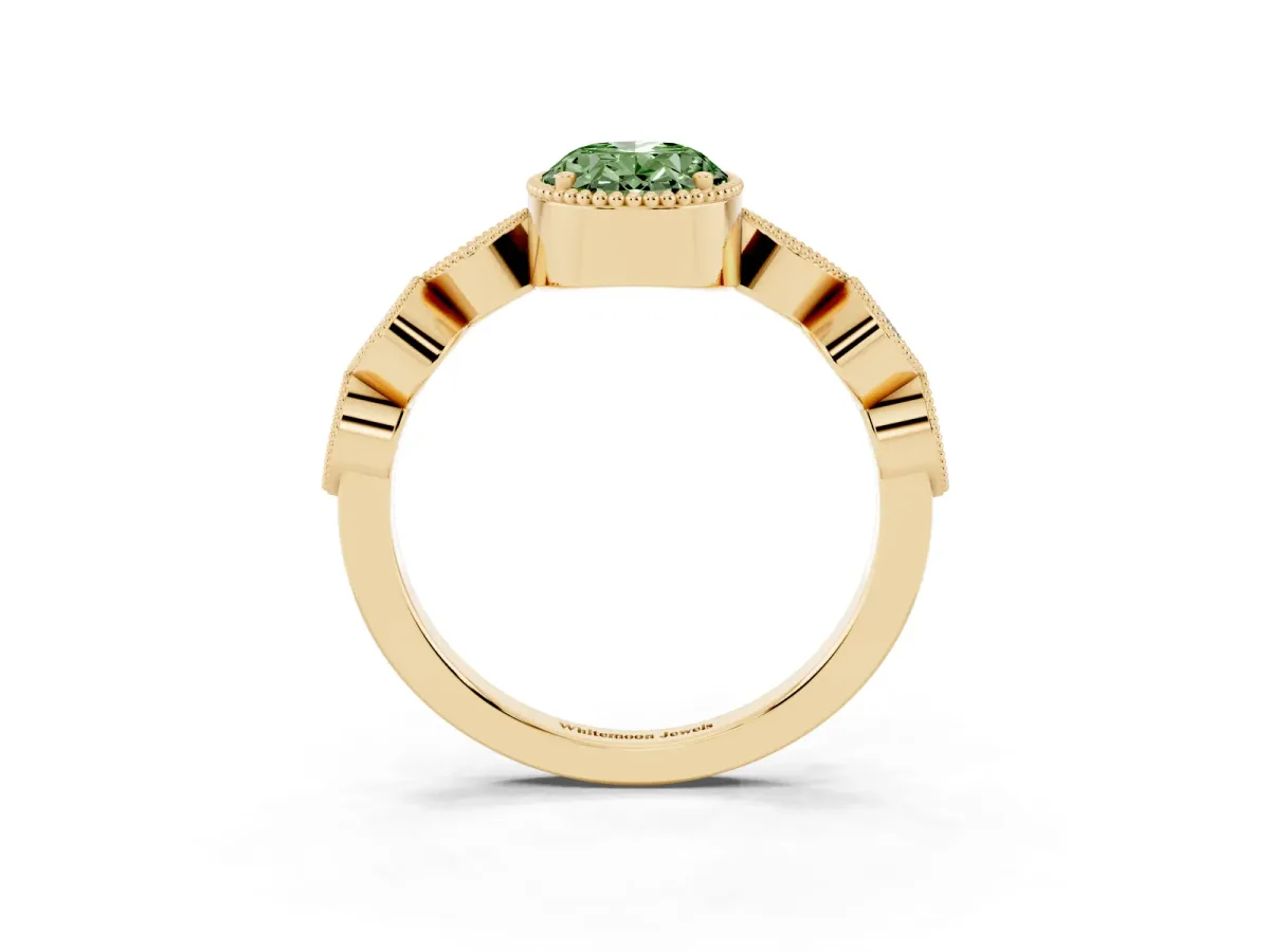 Fancy Green Oval Cut Diamond Vintage Milgrain Ring with Round Stations Yellow gold