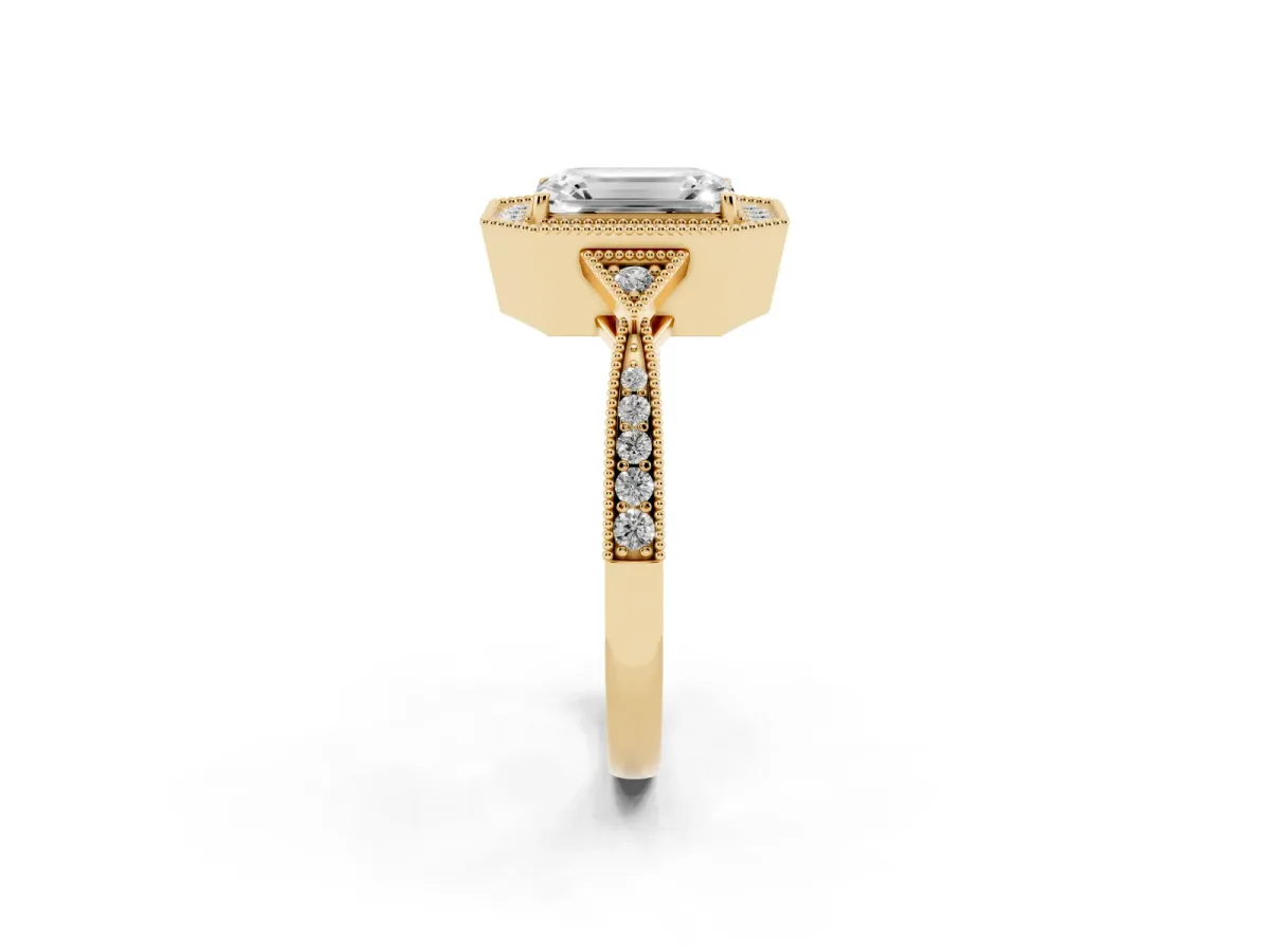 Emerald Cut Halo Round Diamond Milgrain Pave Engagement Ring Yellow gold