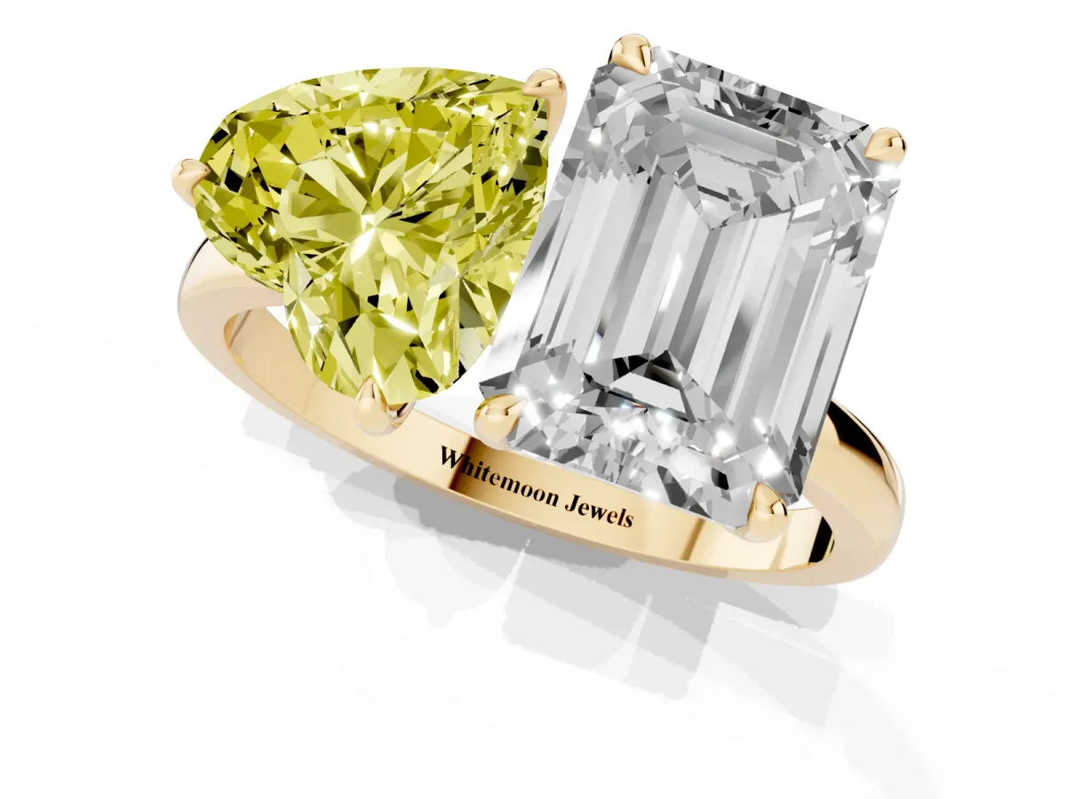 Fancy Yellow Heart Cut and Emerald Cut Toi Moi Ring with Prong Setting Yellow gold
