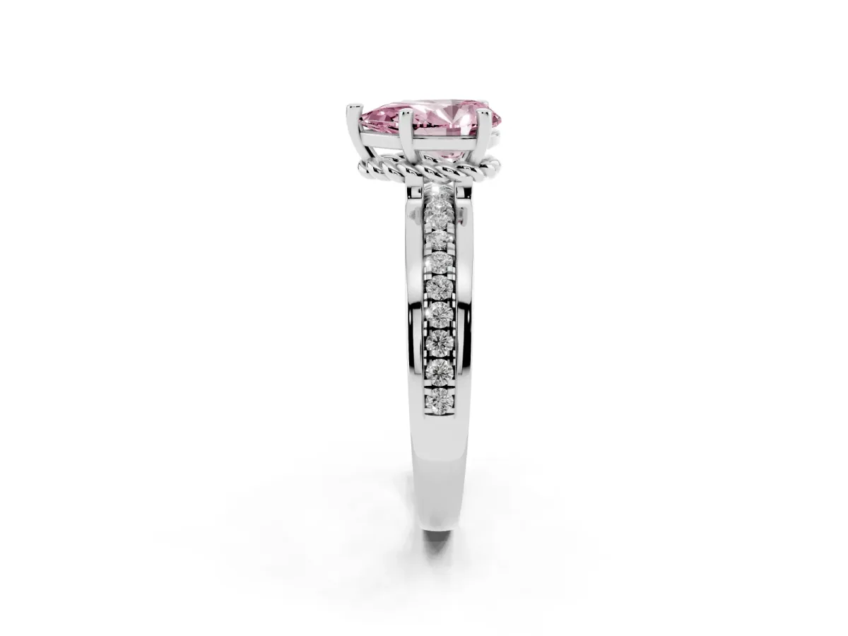 Fancy Pink Pear Cut Solitaire Diamond Ring with Channel Set Band and Six-Prong Setting Silver