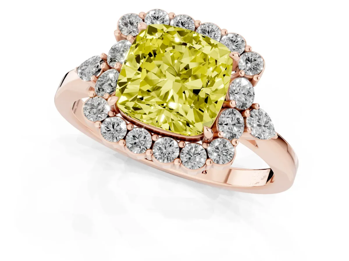 Fancy Yellow Cushion Cut Diamond Halo Ring with Pear Side Stones and Prong Setting Rose gold