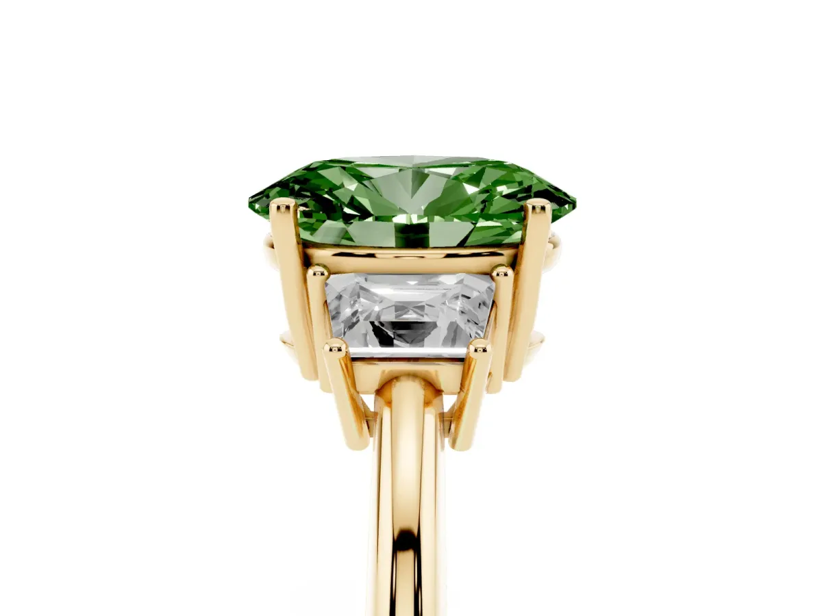 Fancy Green Oval Cut Diamond Three-Stone Ring with Trapezoid Side Stones and Prong Setting Yellow gold