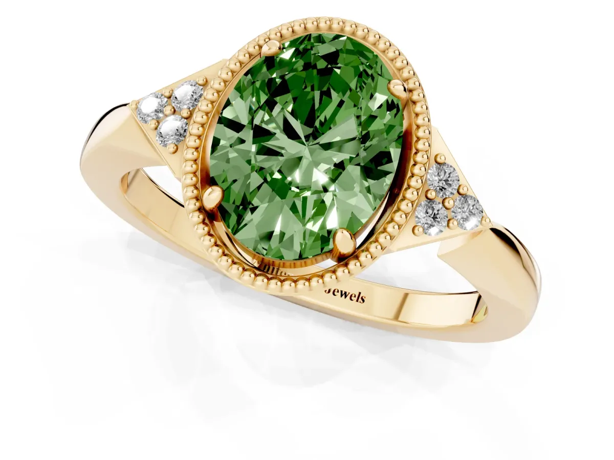 Fancy Green Hexagonal Halo Oval Cut Diamond Solitaire with Pavé Band and Four-Prong Setting Yellow gold