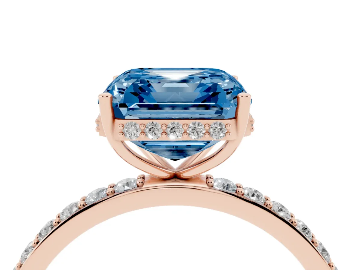 Fancy Blue Asscher Cut Diamond Solitaire Ring with Pavé Band and Hidden Halo Rose gold