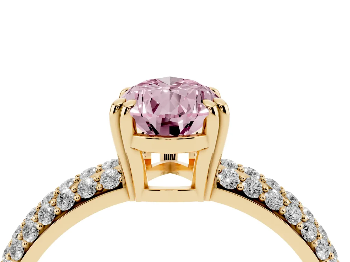 Fancy Pink Pear Cut Diamond Solitaire Ring with Multi-Row Round Pavé Band and Prong Setting Yellow gold