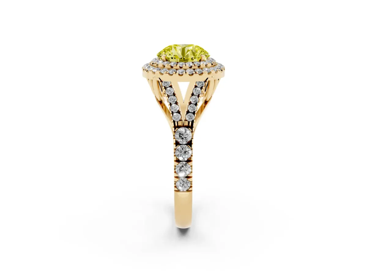 Fancy Yellow Round Cut Cut Double Halo Split Shank Diamond Ring with Prong Setting Yellow gold