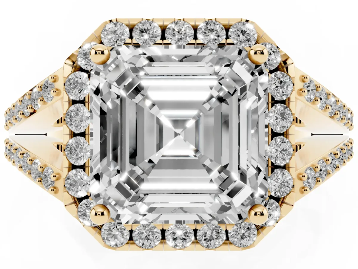 Asscher Cut Halo Split Shank Diamond Ring with Prong Setting Yellow gold