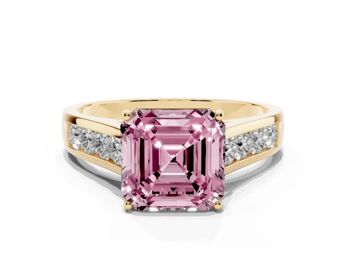 Fancy Pink Asscher Cut Solitaire Channel-Set Diamond Engagement Ring with Four-Prong Setting Yellow gold