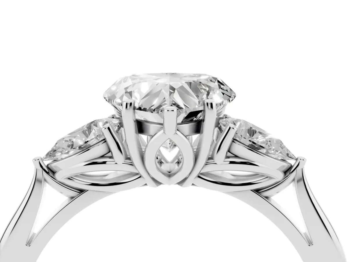 Three-Stone Heart Cut Brilliant Diamond Solitaire Ring with Tapered Band and Four-Prong Setting Silver