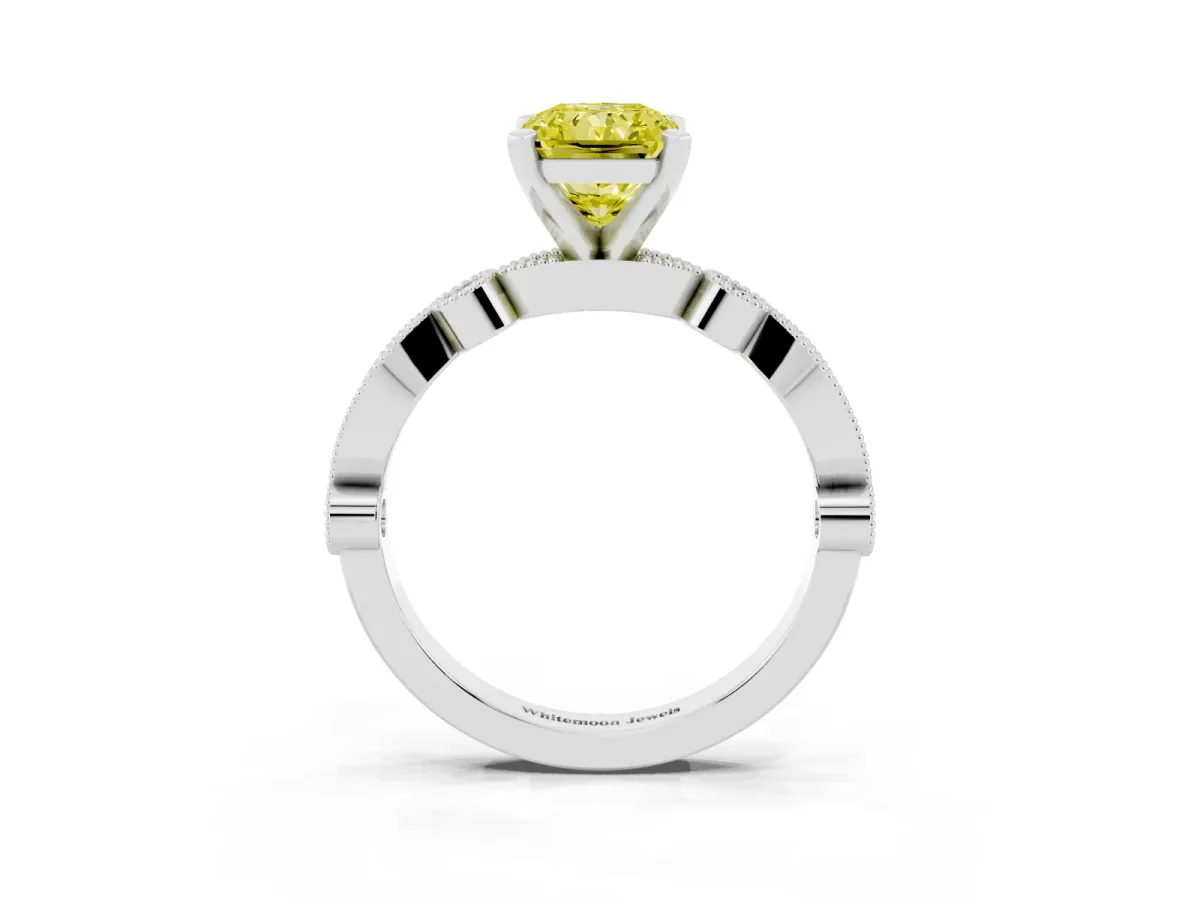 Fancy Yellow Radiant Cut Milgrain Bezel Diamond Engagement Ring with Solitaire Prong Setting Silver