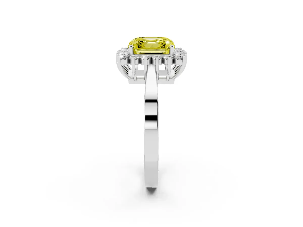 Fancy Yellow Asscher Cut Cut Diamond Halo Ring with Round Brilliant Halo and Solitaire Band Platinum