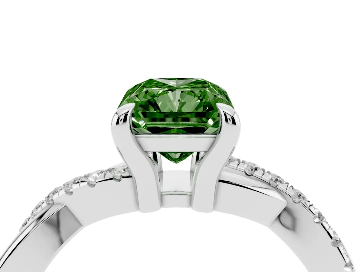 Fancy Green Radiant Cut Cut Diamond Twist Band Solitaire with Prong Setting Silver
